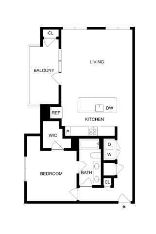 A black and white image of a floor plan for a home with a living room, kitchen, dining room, bedroom, bathroom, and balcony.