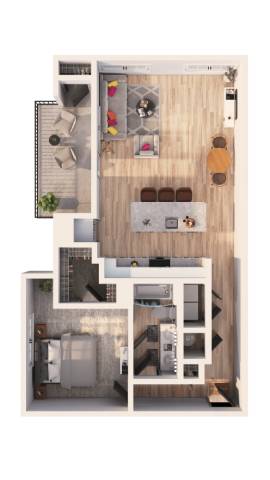 Floor Plan  A top down view of a small apartment with a kitchen, living room, and bedroom.