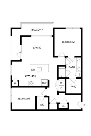 A floor plan of a home with a balcony, two bedrooms, a living room, a kitchen, a bathroom, a laundry room, and a storage closet.