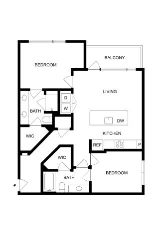 A floor plan of a house with a balcony, two bedrooms, a living room, a kitchen, a bathroom, and a WC.