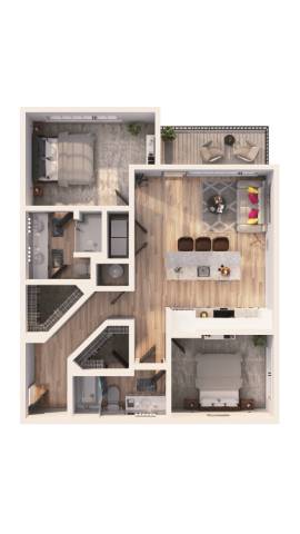 A floor plan of a house with a kitchen, living room, and two bedrooms.