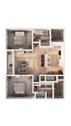 A floor plan of a house with a kitchen, living room, and two bedrooms.