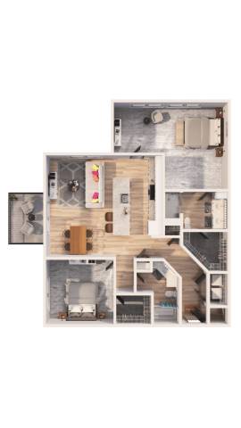 A floor plan of a house with a kitchen, living room, and two bedrooms.