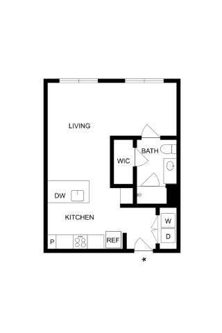 A floor plan of a living space with a kitchen and bathroom.