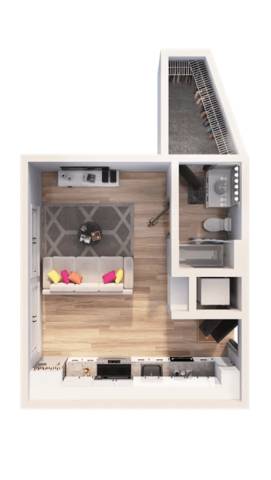 A dollhouse with a white exterior and interior, featuring a living room, kitchen, and staircase.