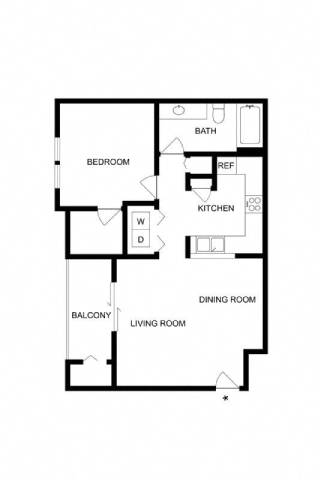 A floor plan of a house with a living room, dining room, kitchen, bedroom, bathroom, and balcony.