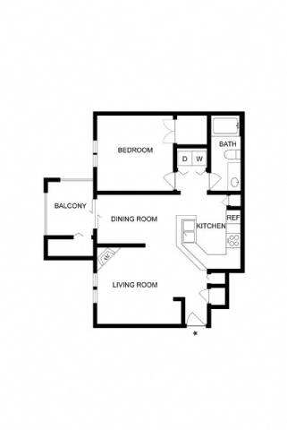 A black and white floor plan of a house with a living room, dining room, kitchen, bedroom, and bathroom.