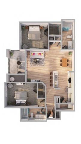 Floor Plan  A 3D floor plan of a house with a kitchen, living room, and two bedrooms.