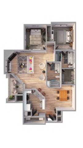 Floor Plan  A 3D floor plan of a house with a kitchen, living room, and two bedrooms.