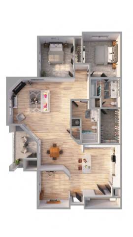 Floor Plan  A 3D floor plan of a house with a kitchen, living room, and two bedrooms.