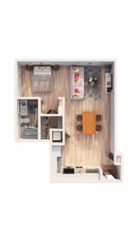 A small room with a table and a chair.