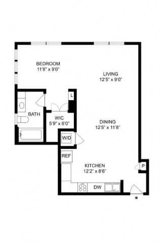 A black and white image of a floor plan for a small apartment.