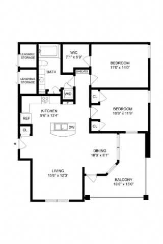 A black and white floor plan of an apartment with dimensions of each room.
