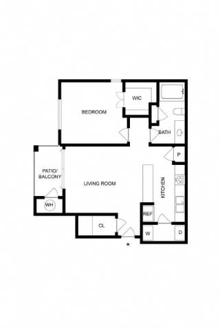 A black and white floor plan of a house with a living room, bedroom, bathroom, and kitchen.