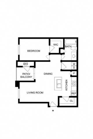 A floor plan of a house with a living room, dining room, kitchen, bedroom, and bathroom.