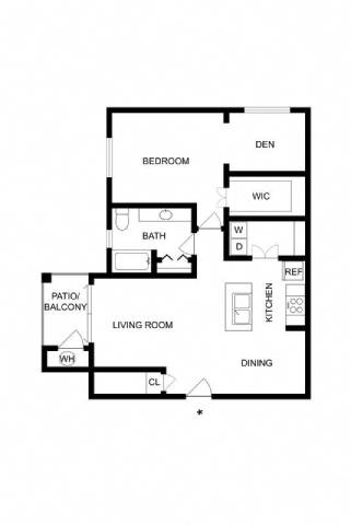 A floor plan of a house with a living room, dining room, kitchen, bathroom, and bedroom.