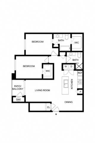 A black and white floor plan of a house with two bedrooms, a living room, a kitchen, a dining area, a bathroom, a patio, and a balcony.