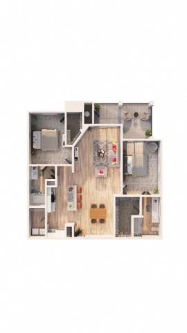 A floor plan of a house with a kitchen, living room, and two bedrooms.