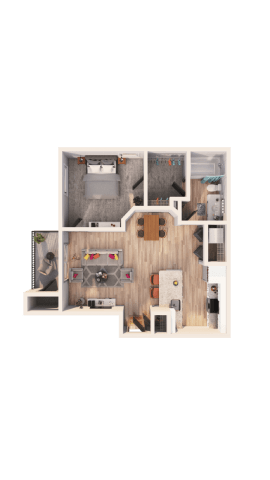 A dollhouse with a kitchen, living room, and bedrooms.