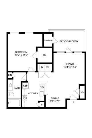 A floor plan of a home with a living room, dining room, kitchen, and bathroom.