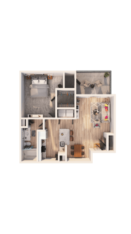 A dollhouse with a kitchen, living room, and bedrooms.