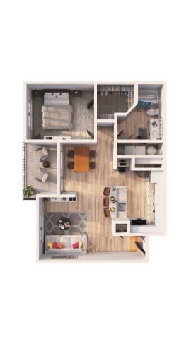 A dollhouse with a kitchen, living room, and bedrooms.