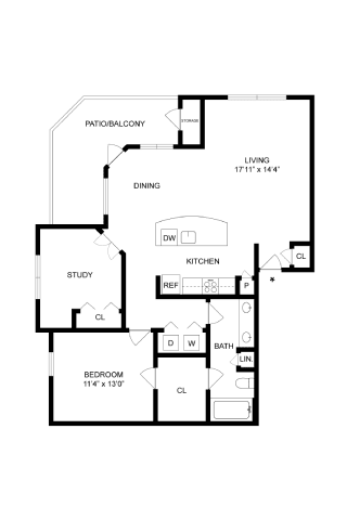 A floor plan of a home with a living room, dining room, kitchen, study, and bedrooms.