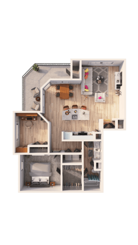A top-down view of a house layout with a kitchen, living room, and bedrooms.