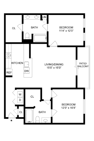A floor plan of a house with two bedrooms, a living/dining area, a kitchen, a bath, and a patio/balcony.