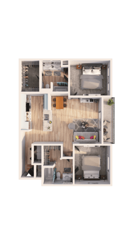 A floor plan of a house with a kitchen, living room, and two bedrooms.