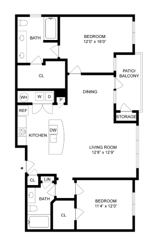 A black and white image of a floor plan for a two bedroom apartment.