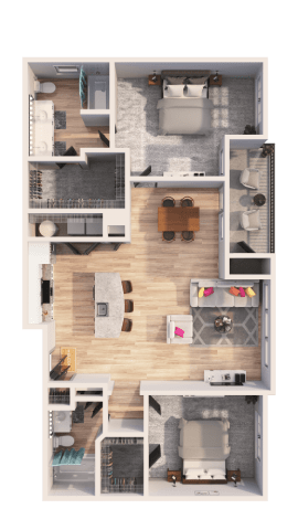 A top-down view of a house layout with a kitchen, living room, and bedrooms.