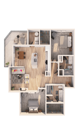 A floor plan of a small apartment with a kitchen, living room, and bathroom.