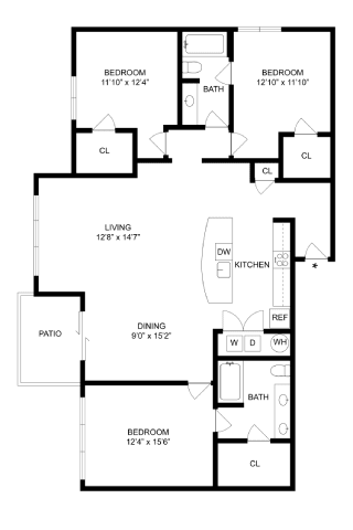 A black and white image of a floor plan for a house with a living room, dining room, kitchen, pantry, and three bedrooms.
