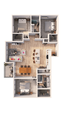 A top down view of a house layout with a kitchen, living room, and bedrooms.