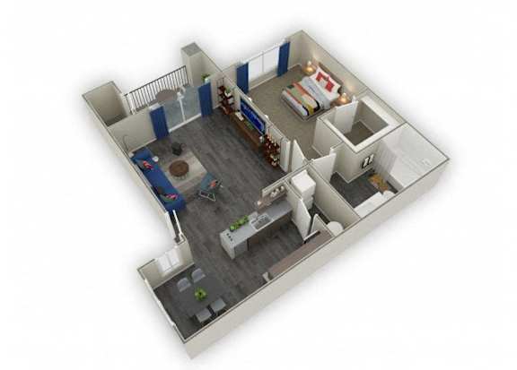 A 3D image of a small apartment with a bedroom, living room, and kitchen.
