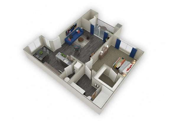 A 3D floor plan of a house with a living room, kitchen, and two bedrooms.