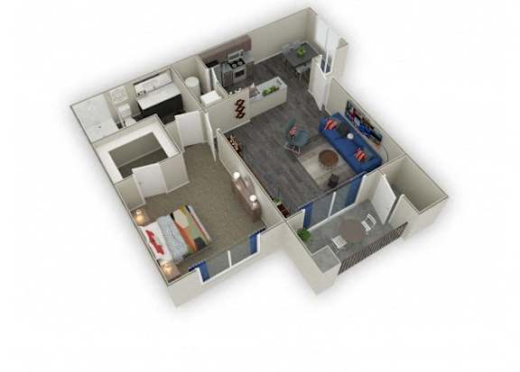 A 3D floor plan of a house with a kitchen, living room, and bedrooms.