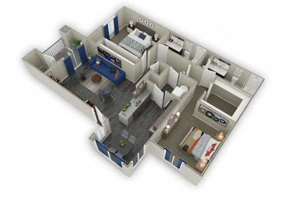 A 3D floor plan of a small apartment with a kitchen, living room, and bedroom.