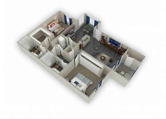 A 3D image of a house layout with a kitchen, living room, and bathroom.