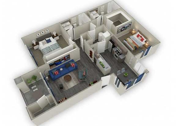 A 3D floor plan of a small apartment with a bedroom, living room, kitchen, and bathroom.