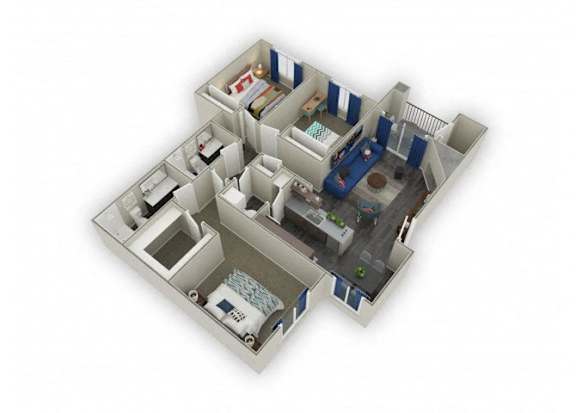 A 3D image of a house layout with a kitchen, living room, and bathroom.