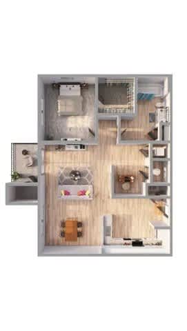 Floor Plan  A top-down view of a house layout with a kitchen, living room, and two bedrooms.