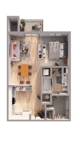 Floor Plan  A floor plan of a small apartment with a kitchen, living room, and bathroom.