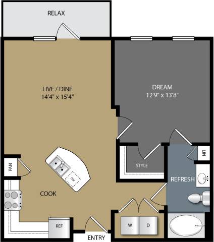 A floor plan of a house with a living room, dining room, kitchen, and bathrooms.