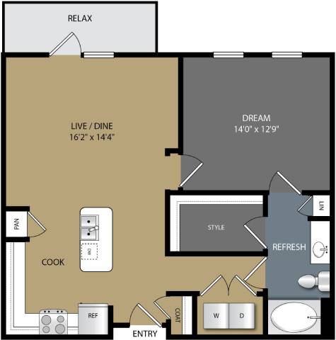 A floor plan of a house with a living room, dining room, kitchen, and bathrooms.