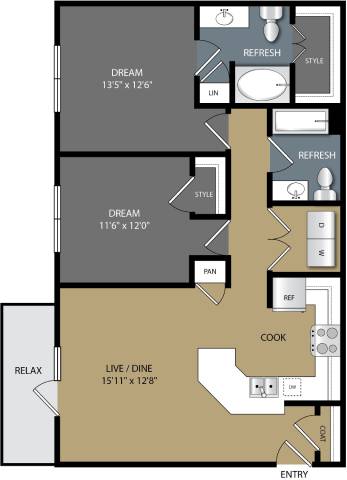 A floor plan of a two-bedroom apartment with a living room, kitchen, and two bedrooms.