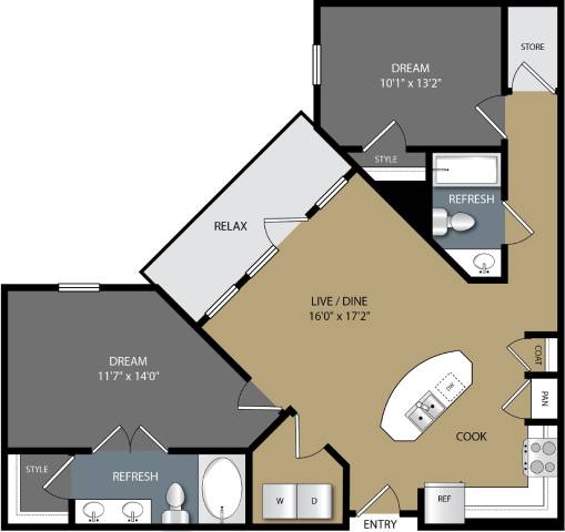 A floor plan of a house with labeled rooms such as RELAX, REFRESH, and COOK.