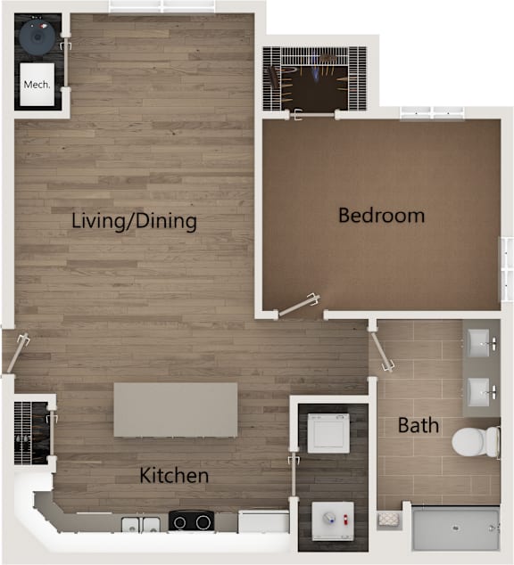 A floor plan of a home showing a living/dining area, kitchen, bathroom, and bedroom.