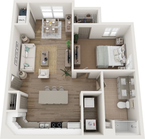A 3D floor plan of a small apartment with a kitchen, living room, and bedroom.